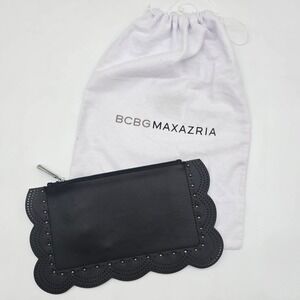 BCBGMAXAZRIA Black Leather Scalloped Studded Envelope Clutch Bag Pouch